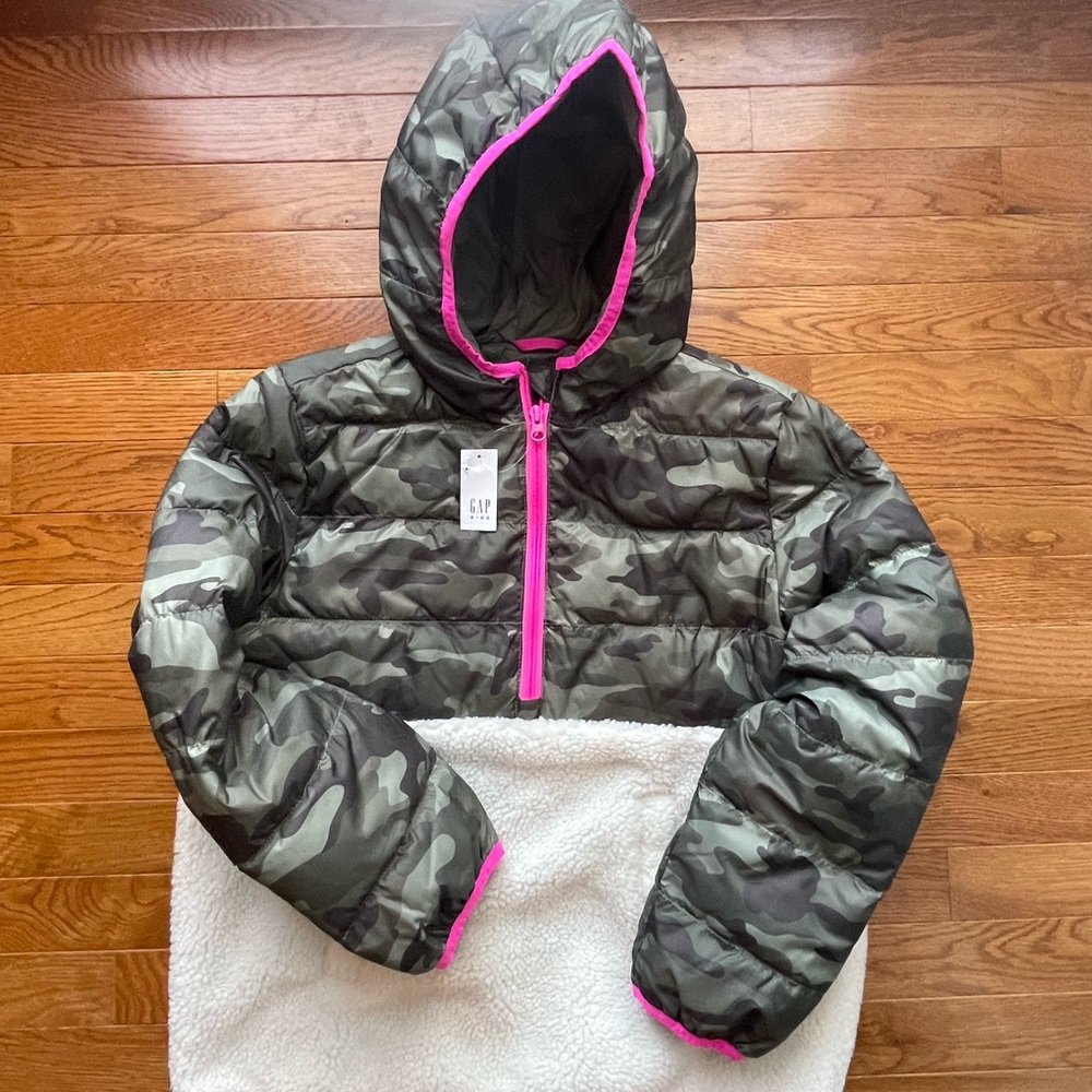 NEW Gap Kids Camo Sherpa Pullover Jacket with Pink Detail Size XXL 14-16